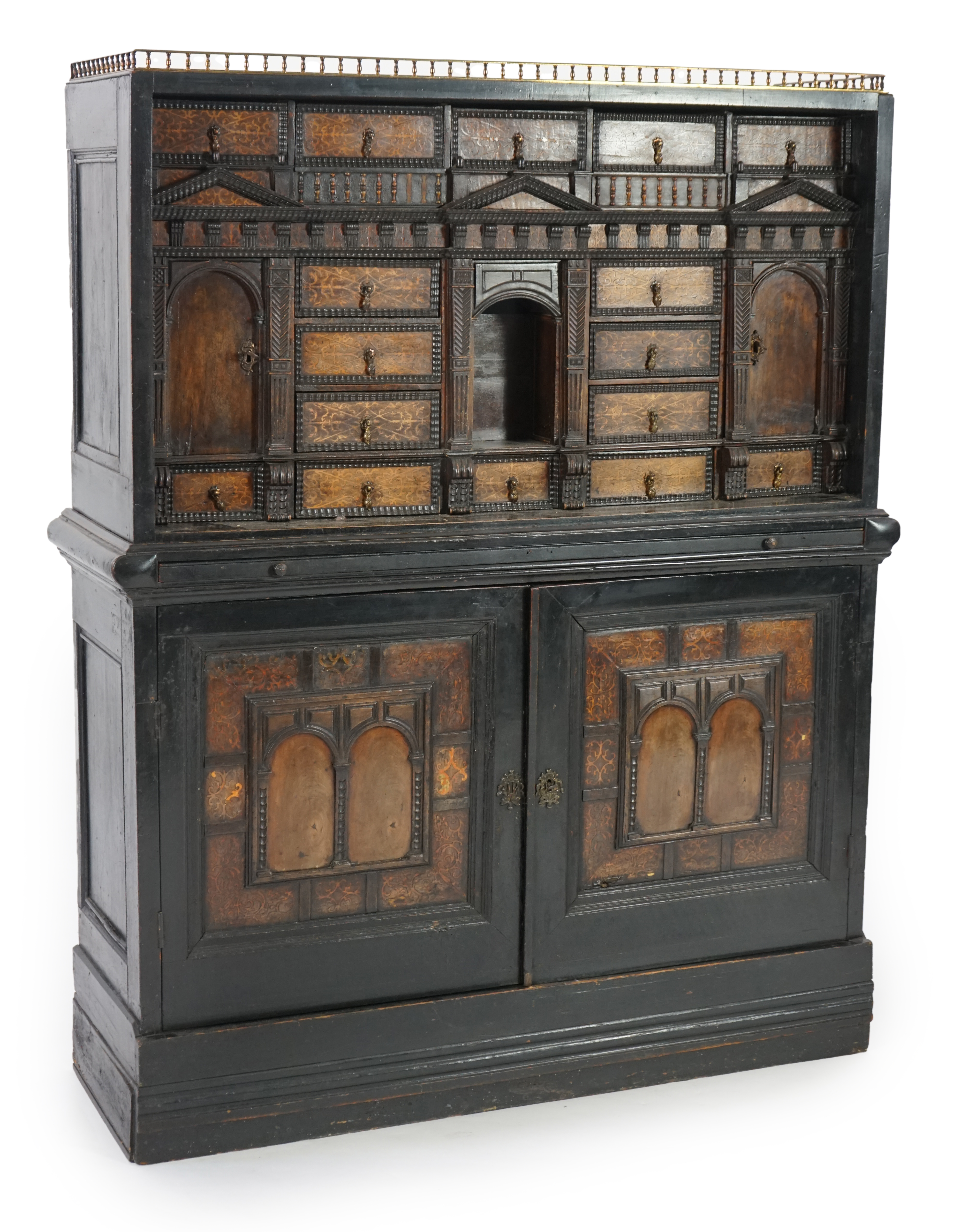 An 18th century and later Dutch walnut ebonised and marquetry inlaid collector's cabinet on stand